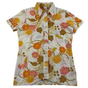 Vintage Floral Spring Summer Flower Button Up Womens Blouse Short Sleeve Small